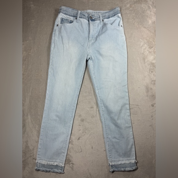 Chico's Denim - Chico’s So Slimming Girlfriend Slim Leg Ankle Railroad Blue White Stripe Jeans 2